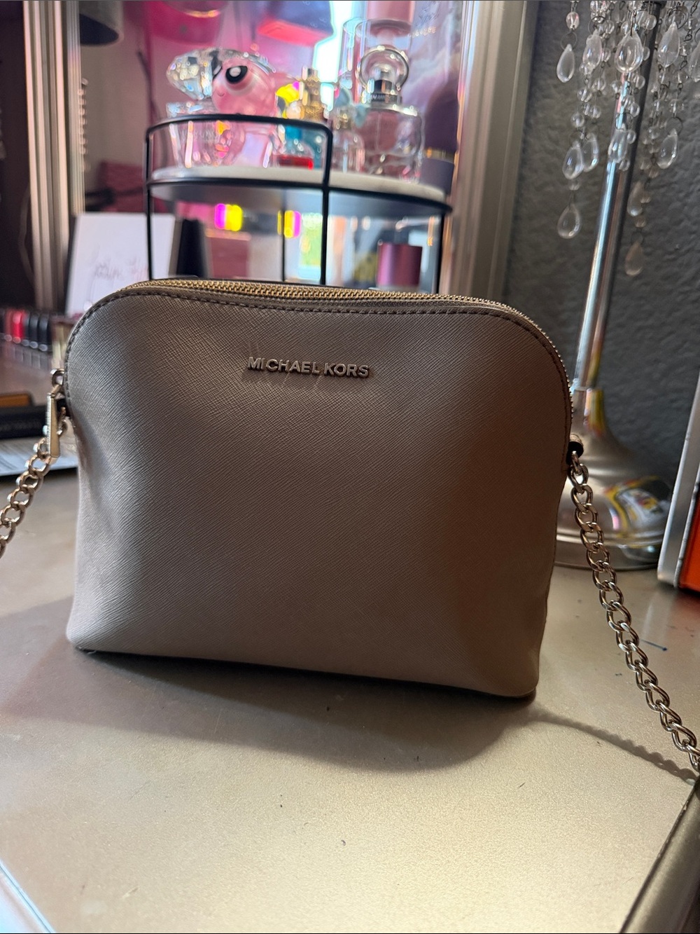 Michael Kors Taupe Saffiano Crossbody with Gold Chain